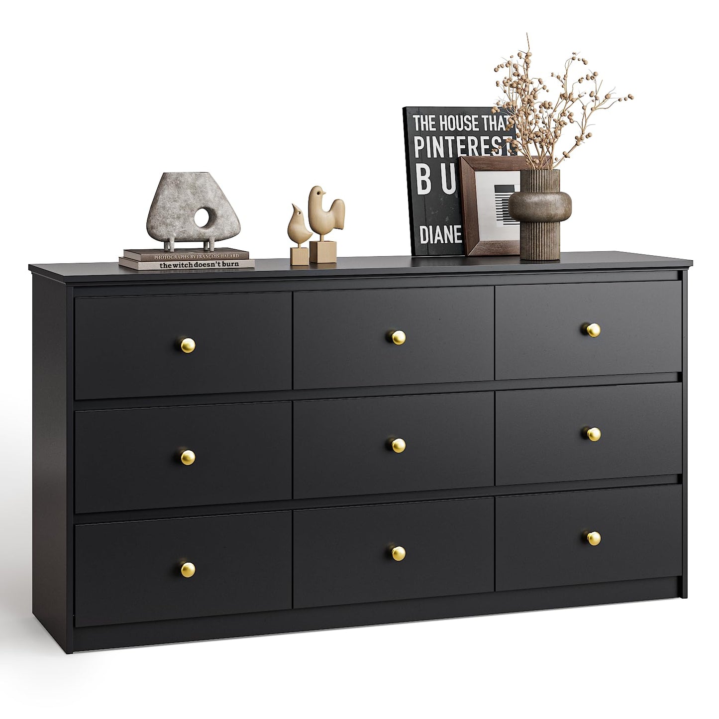 Tradare 9 Drawers Dresserfor Bedroom, 59" Wide Modern Chest of Drawers with Ample Storage, Dresser TV Stand, Wooden Storage Organizer for Living Room, Hallway, Black