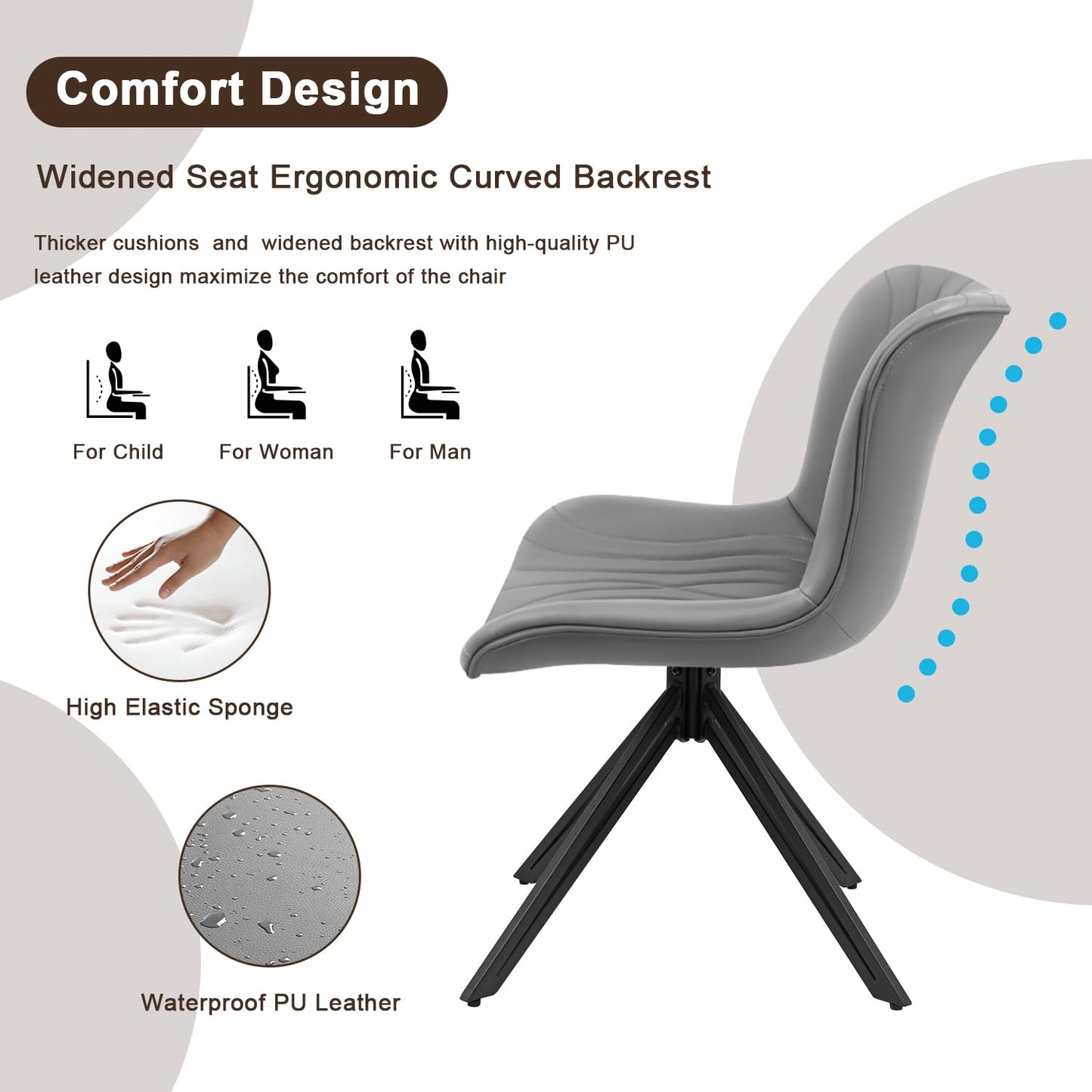 VATROS Dining Chairs Set of 6, 360° Swivel Upholstered Mid-Century Modern Kitchen Dining Room Chairs, Armless Faux Leather Accent Side Chair with Padded Back, Metal Legs for Living Room Bedrooms,Grey