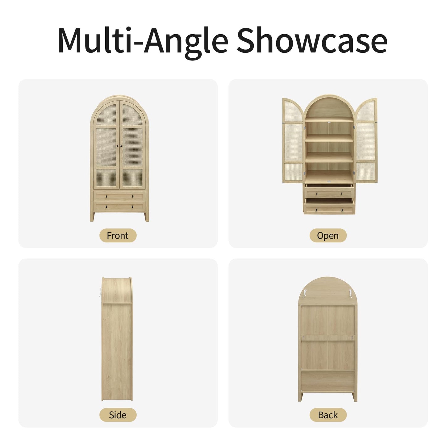 Woenei Arched Kitchen Pantry Cabinet, 71" Tall Arched Bookcase Rattan Storage Cabinet with Doors and Drawers Adjustable Shelves,Farmhouse Freestanding Cupboard for Bathroom,Living Room,Dining Room