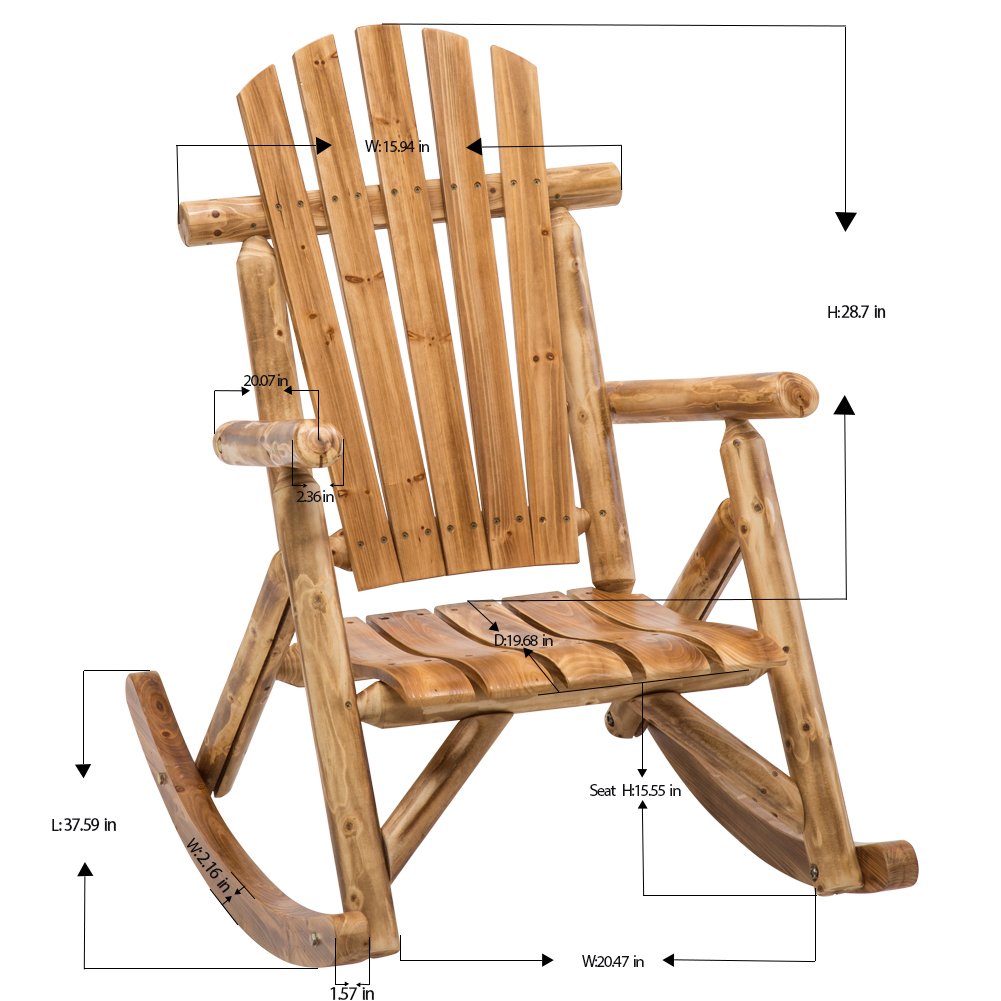Wooden Rocking Chair Log Outdoor Rocker Outside Patio Lawn Furniture Living Room Porch Comfy Beach Balcony, Heavy Duty, Lightly Toasted