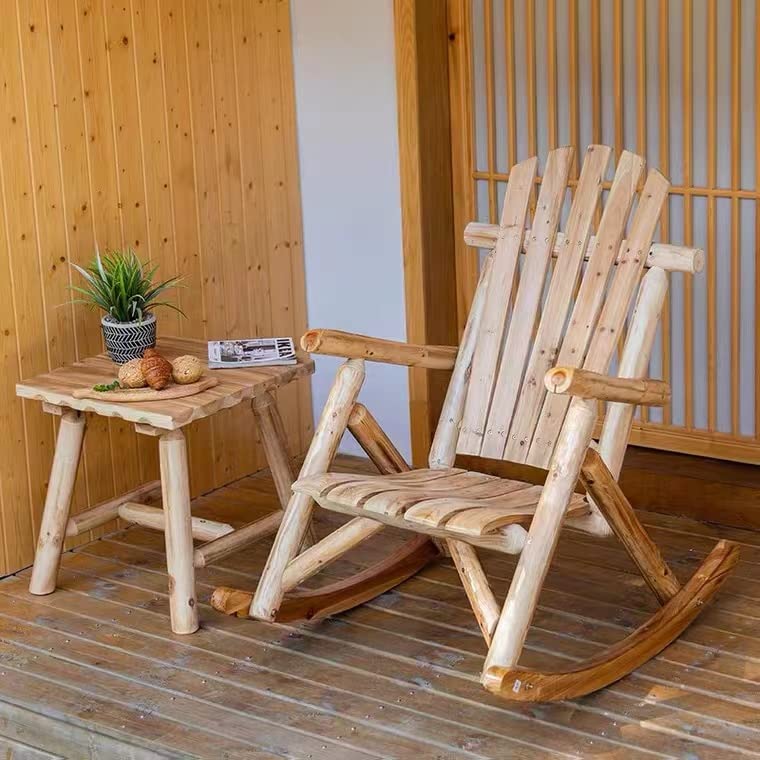 Wooden Rocking Chair Log Outdoor Rocker Outside Patio Lawn Furniture Living Room Porch Comfy Beach Balcony, Heavy Duty, Lightly Toasted