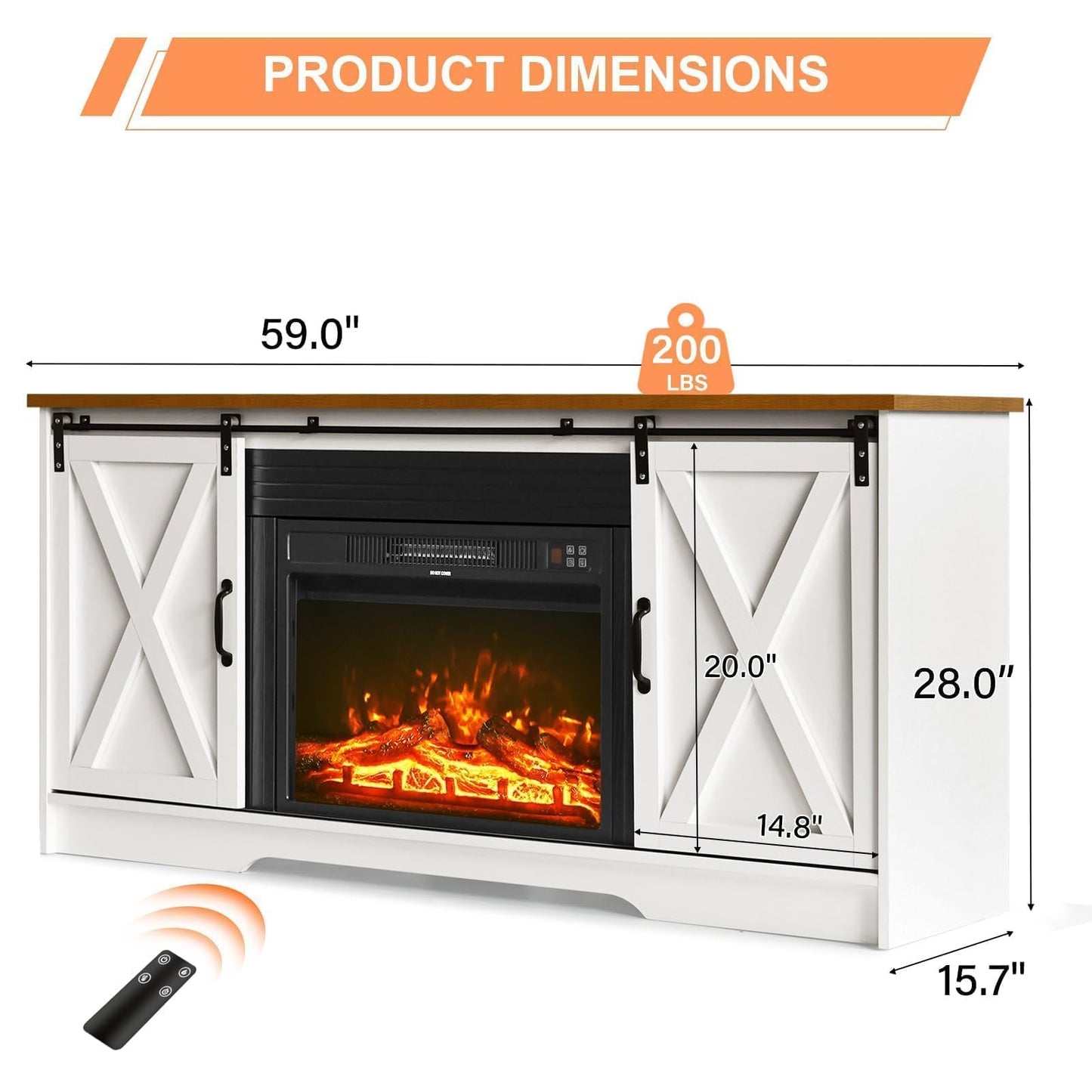 4 EVER WINNER Fireplace TV Stand with Sliding Barn Door for TVs up to 65", Farmhouse 59“ Entertainment Center with Adjustable Storage Cabinets, TV Console Table for Living Room, White