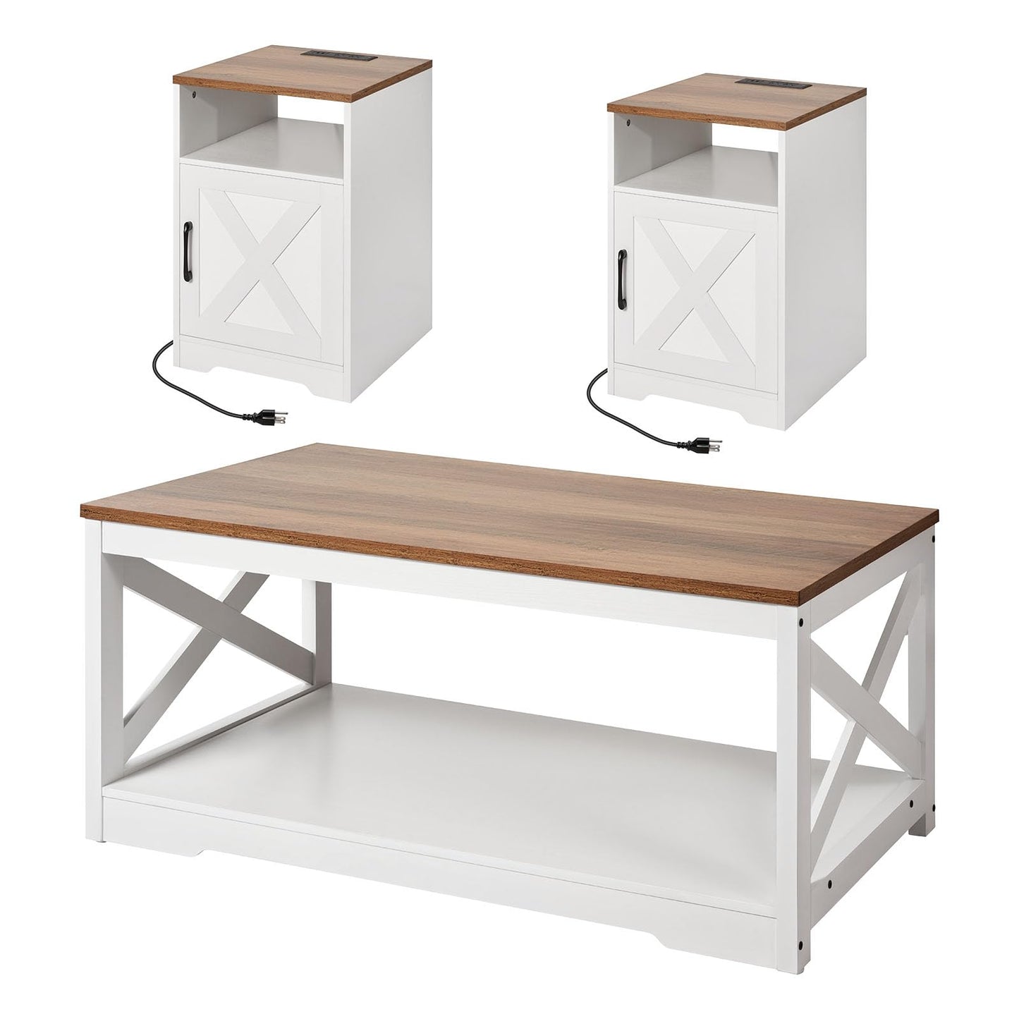 VEVOR 3 Pieces Farmhouse Coffee Table Sets, 40 Inch Industrial Coffee Table with 2 End Tables, Easy Assembly Coffee and Side Tables Sets with Charging Station, for Office, Living Room & Apartment