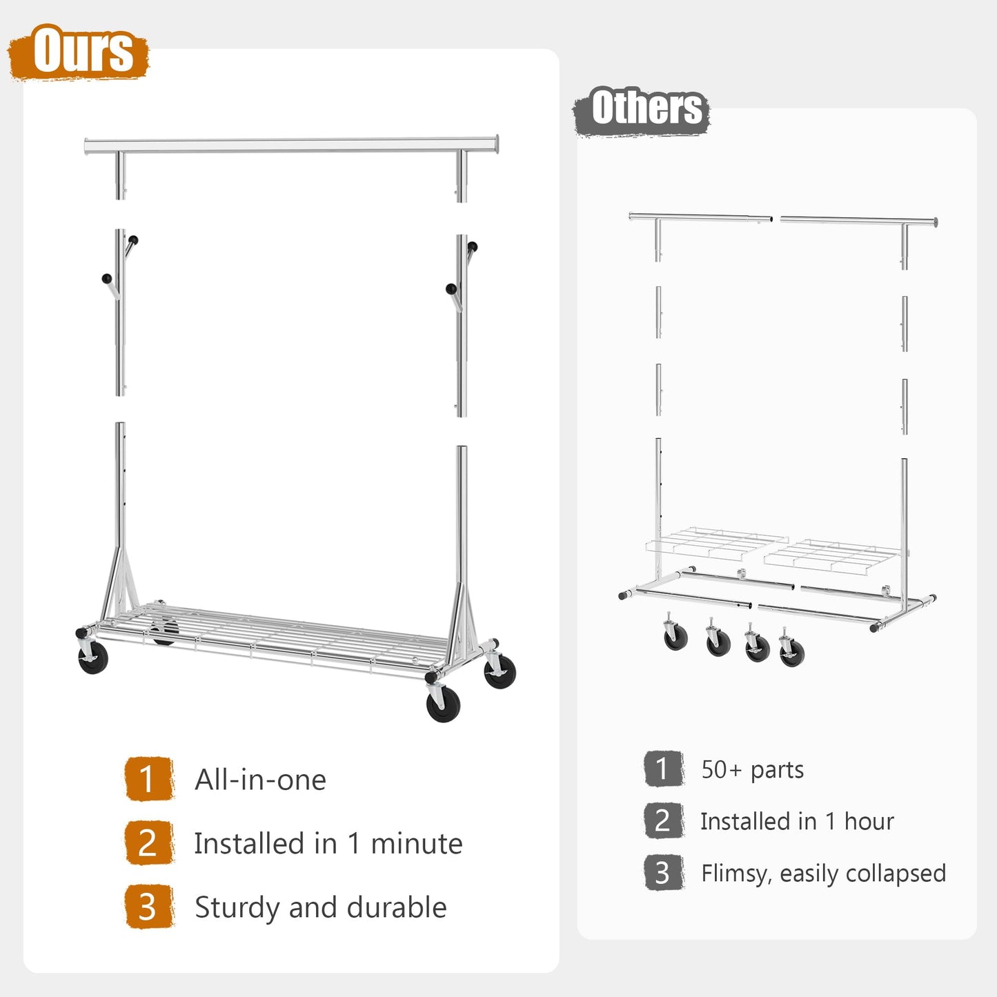 Gewudraw Heavy Duty Clothes Rack Load 530 LBS Metal Clothing Garment Rack Hang 200 pieces of clothing on Wheels Collapsible Rolling Portable & Adjustable with Hook for Hanging Clothes