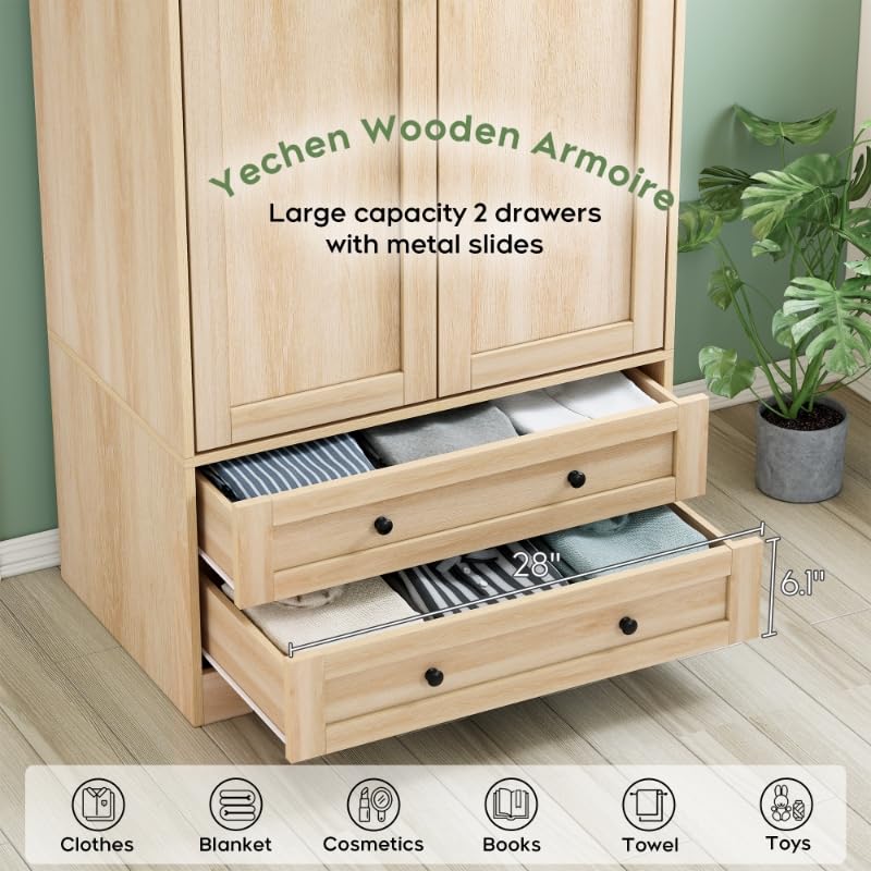 Yechen 71" Wooden Armoire Wardrobe Closet - Modern Functional Clothes Tall Storage Cabinet with Adjustable Shelf and Hanging Rail, Sturdy Freestanding Closet Wardrobe with 2 Wide Drawers (Natural)