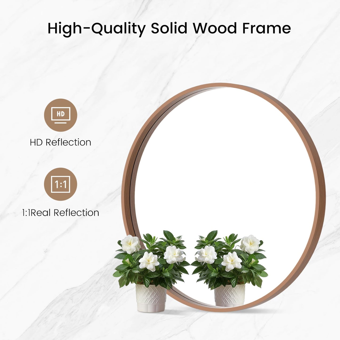 WallBeyond Wood Round Mirror with Wood Frame 24 inch Circle Wall Mirror for Bathroom Round Wall Mirror for Wall Decor, Vanity, Entryway Living Room (Walnut)