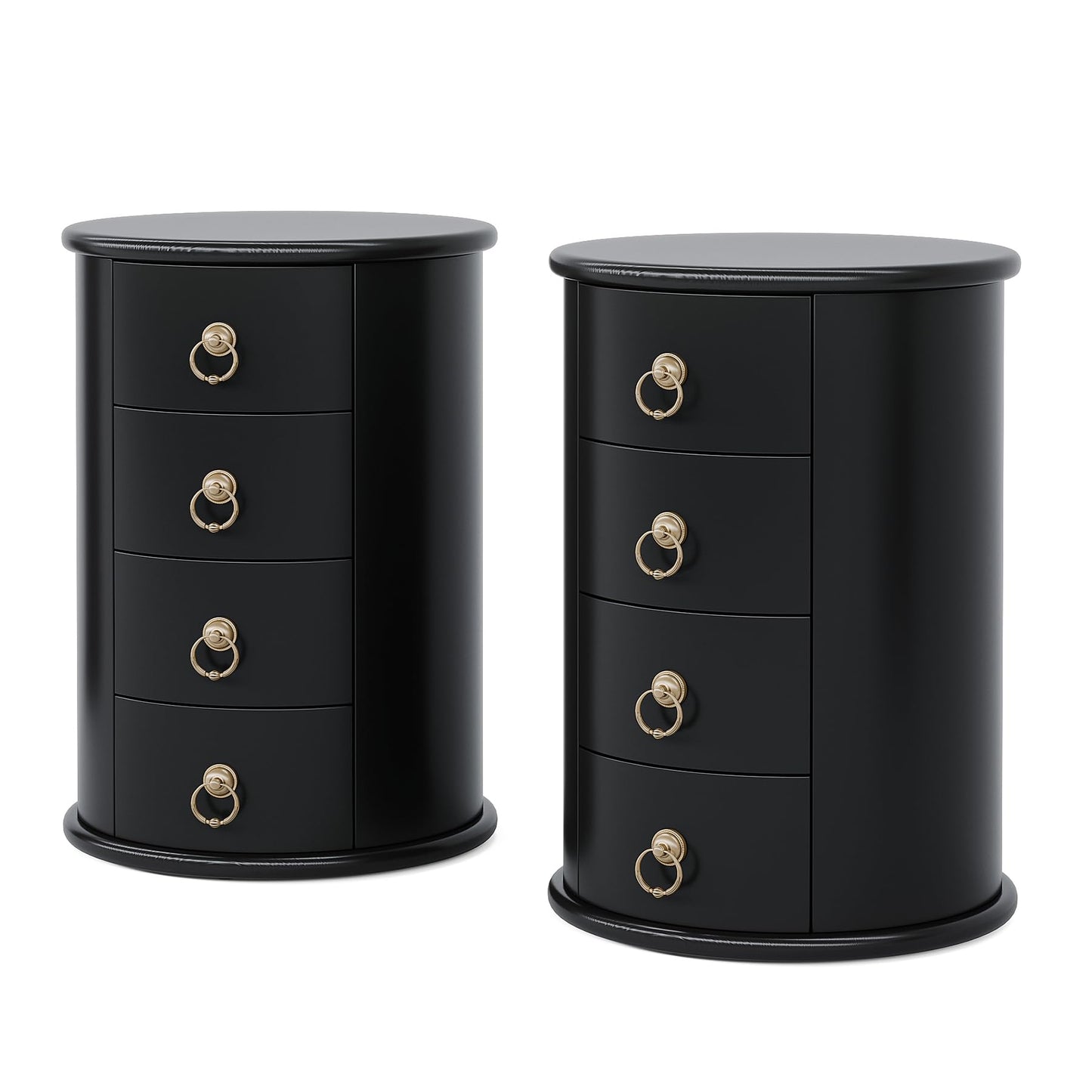 Tribesigns Solid Wood Nightstand, Round Night Stand with 4 Drawers, Rustic Bedside Table Tall Nightstand for Bedroom, Living Room, No Assembly Required (2, Black)