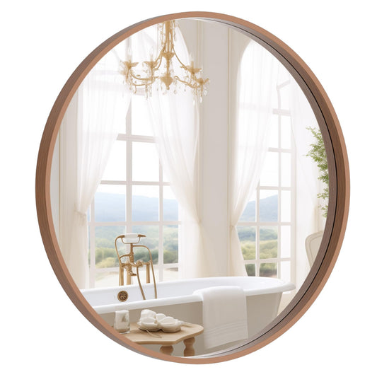 WallBeyond Wood Round Mirror with Wood Frame 24 inch Circle Wall Mirror for Bathroom Round Wall Mirror for Wall Decor, Vanity, Entryway Living Room (Walnut)
