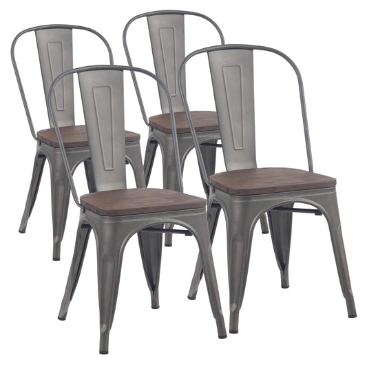 YOUNIKE Metal Dining Chairs Set of 4 Iron Stackable Removable Back Wood Seat Patio Chairs Rubber Feet Stylish Modern Indoor Outdoor Classic Chic Industrial Vintage Bistro Kitchen Rusty Grey