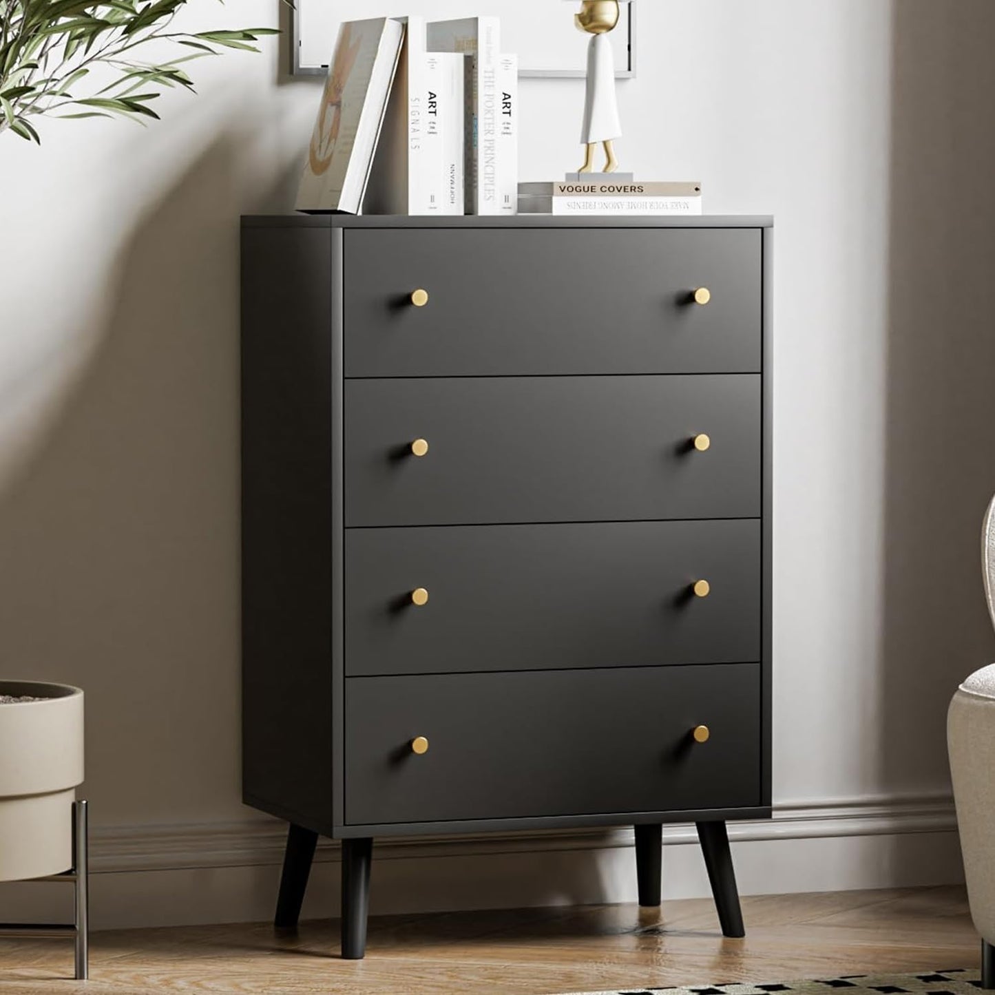 Wananlanen Black Dresser 4 Drawer, Chest of Drawers for Bedroom, Modern Black Dresser with Gold Handles for Bedroom