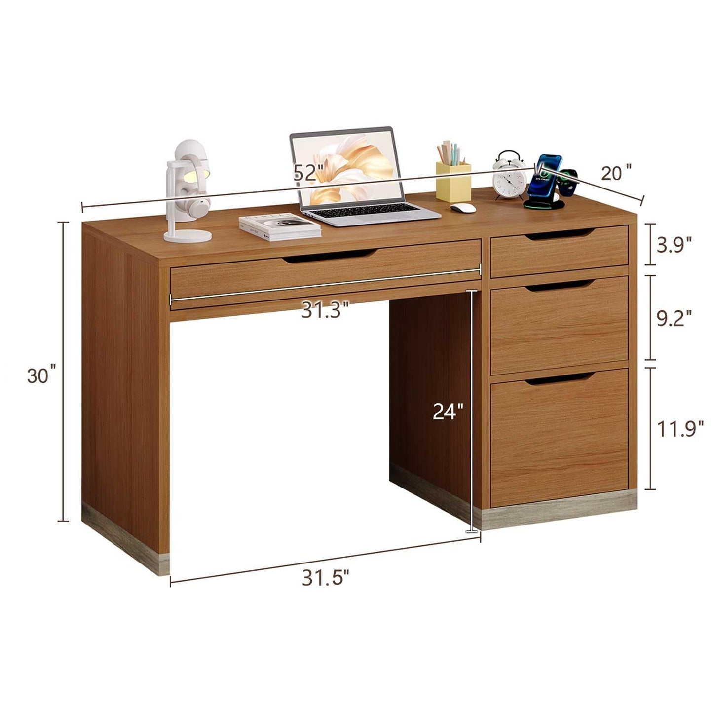 MaverickFurni 52 Inch Desk with 4 Drawers, Small Computer Desk for Small Space, Home Office Desk with Storage File Cabinet for Bedroom, Brown