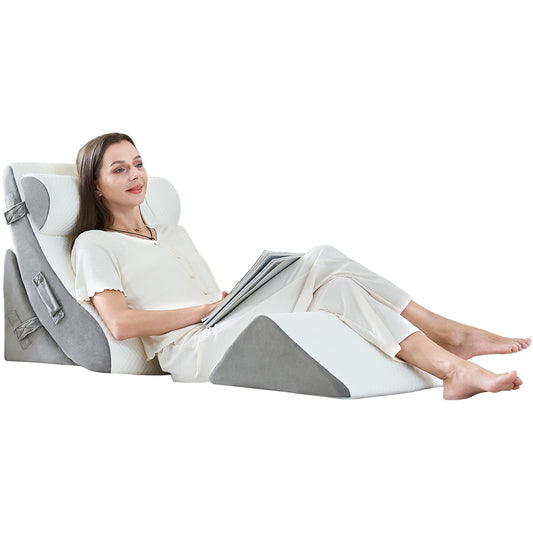 4PCS Orthopedic Bed Wedge Pillow Set, Post Surgery 45D Memory Foam for Back, Neck, and Leg Pain Relief Pleasing & Adjustable Support Pillows-Ease Acid Reflux & GRED with Better Sleep,White Light Grey