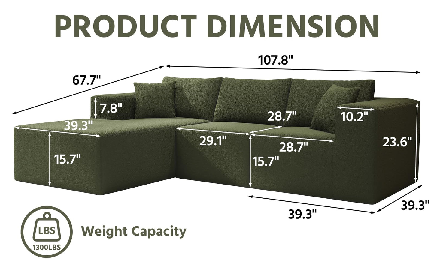 108" Cloud Sectional Couch with L-Shape Chaise,4 Seat Modern Modular Sofa with Deep Seat, Upholstered Couches for Living Room Bedroom, Sectional boneless couch with pillows,No Assembly Required(Green)