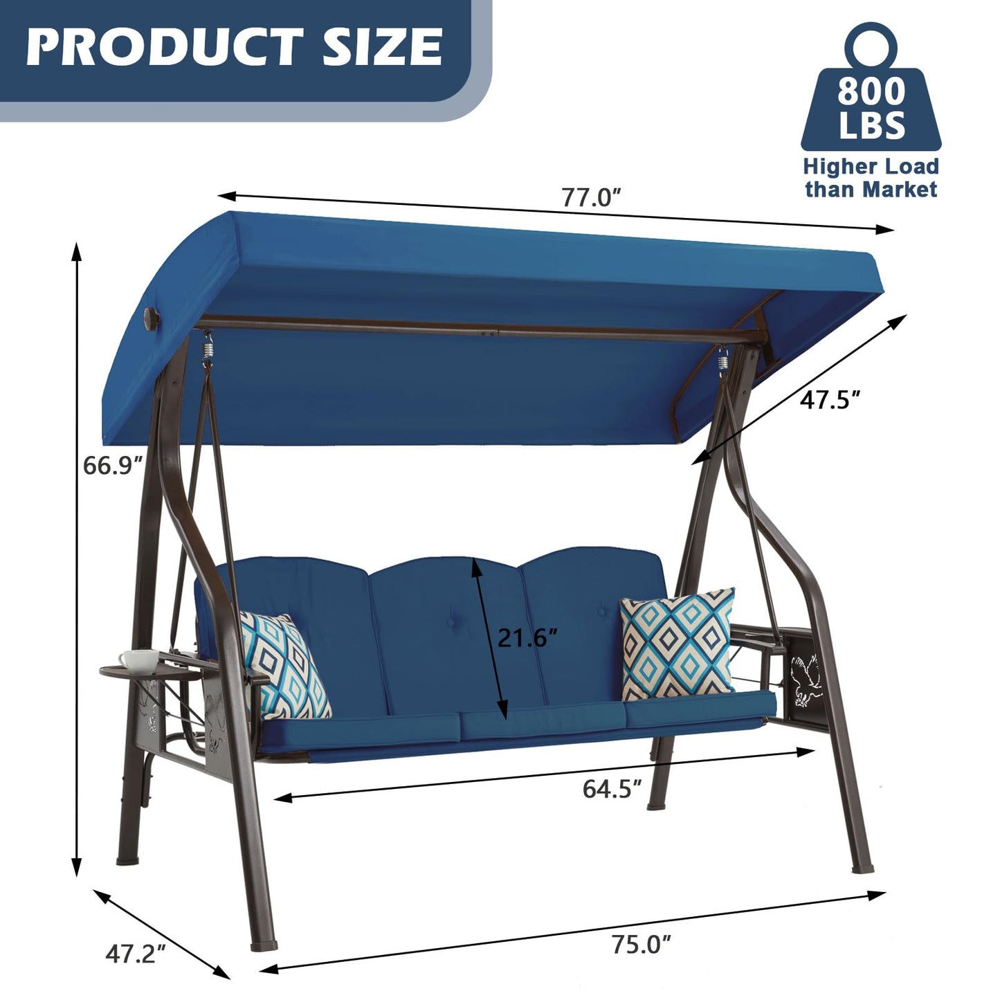 ZZW 3-Seat Outdoor Porch Swing with Stand, Patio Swing with Canopy, 2 in 1 Porch Swing Bed & Patio Swing Chair for Adult w/Extra Pillows and Cup Holder for Yard (Blue)