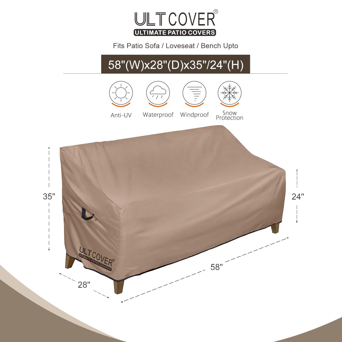 ULTCOVER Waterproof Outdoor Sofa Cover - Heavy Duty Patio Bench Covers 58W x 28D x 35H inch