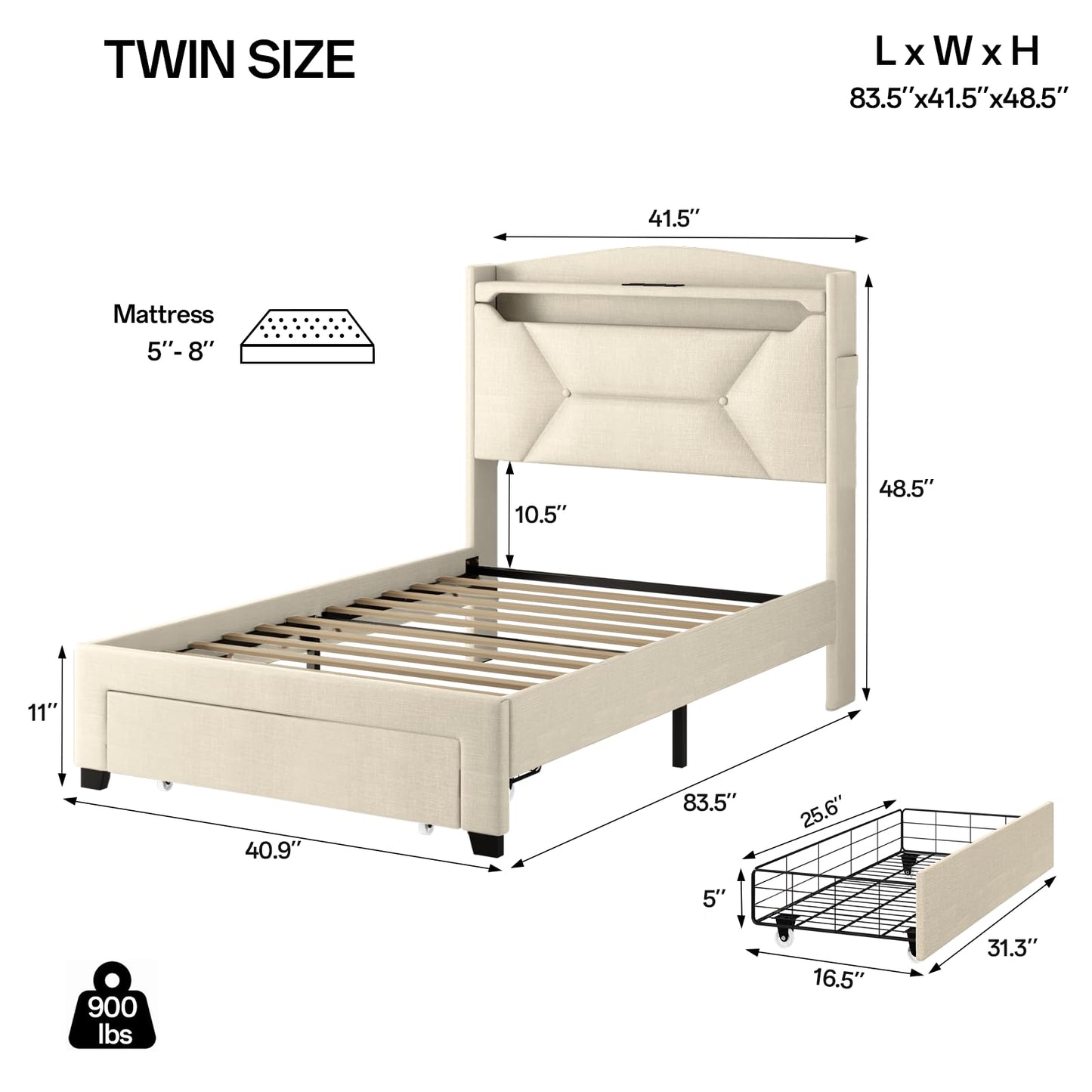 VINTLJUS Twin Bed Frame, Twin Bed Frames with Storage Headboard, Upholstered Twin Size Bed Frame with Drawers, Charging Station and LED Lights, Easy Assembly, Beige