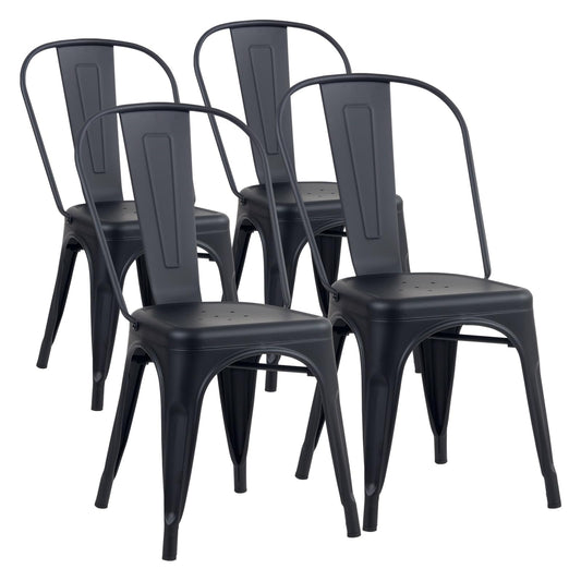 YOUNIKE Metal Dining Chairs Set of 4 Iron Stackable Removable Back Cafe Side Patio Chairs Rubber Feet Stylish Modern Indoor Outdoor Classic Chic Industrial Vintage Bistro Kitchen Matte Black
