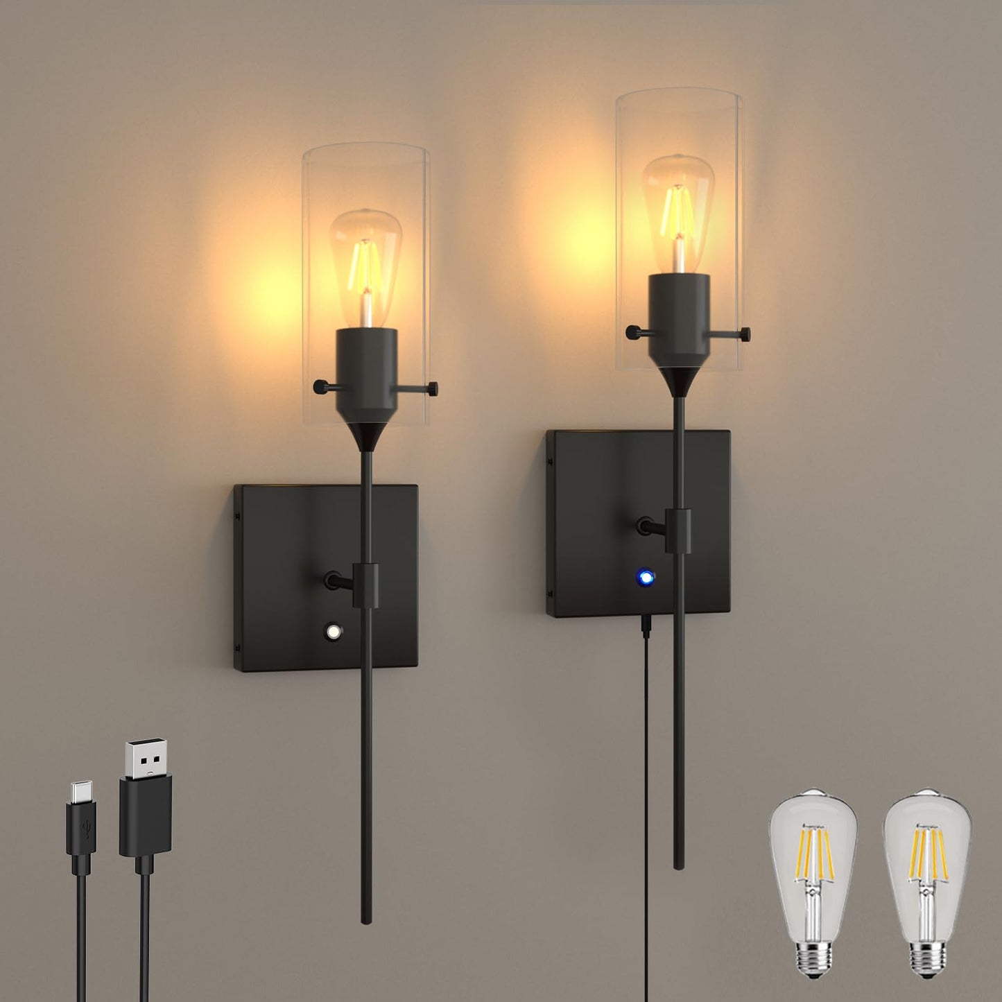 ThyFenno Dimmable Battery Operated Wall Sconce Set of 2, Rechargeable Wall Mount Light No Wiring, Easy Install Wireless Wall Lamp for Living Room Bedroom Hallway Farmhouse Indoor, Bulb Included