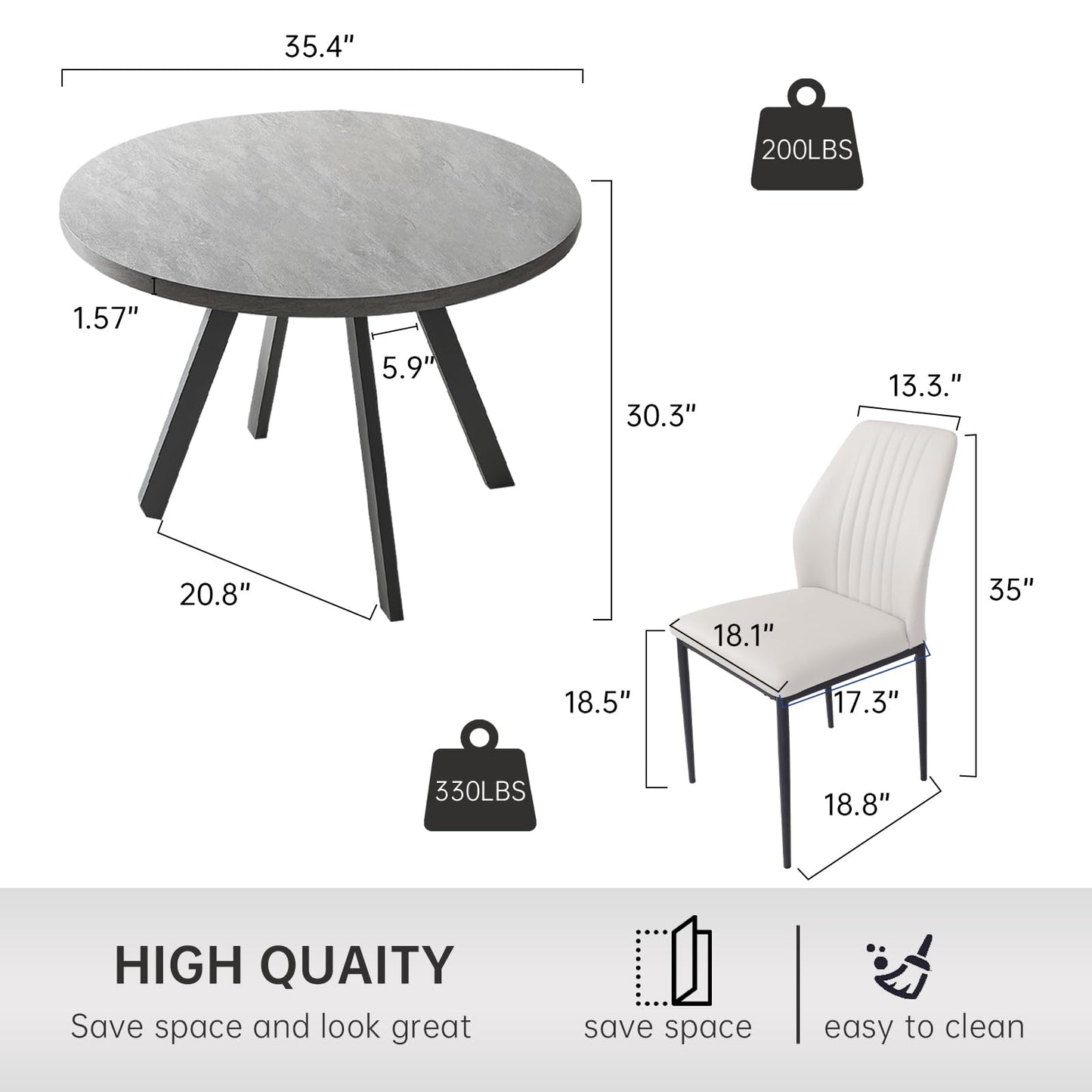 Zerifevni 34.6'' Round Dining Table and Chairs for 4, Mid Century Modern Round Table Set, Space Saving for Apartment Kitchen Dining Room (Grey Table+4 White Chairs)