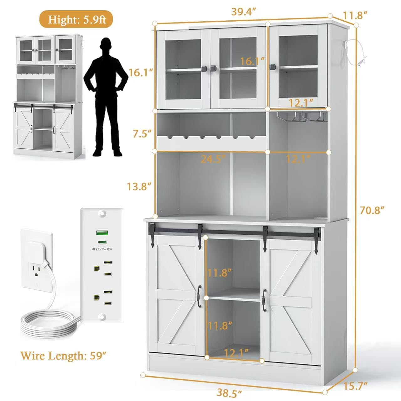 71" Kitchen Pantry Storage Cabinet with Charging Station, Farmhouse Coffee Bar Cabinet with Adjustable Shelves, Tall Hutch Cabinet with Microwave Stand & Wine Rack for Kitchen, Living Room (White)