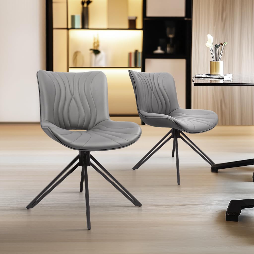 VATROS Dining Chairs Set of 6, 360° Swivel Upholstered Mid-Century Modern Kitchen Dining Room Chairs, Armless Faux Leather Accent Side Chair with Padded Back, Metal Legs for Living Room Bedrooms,Grey