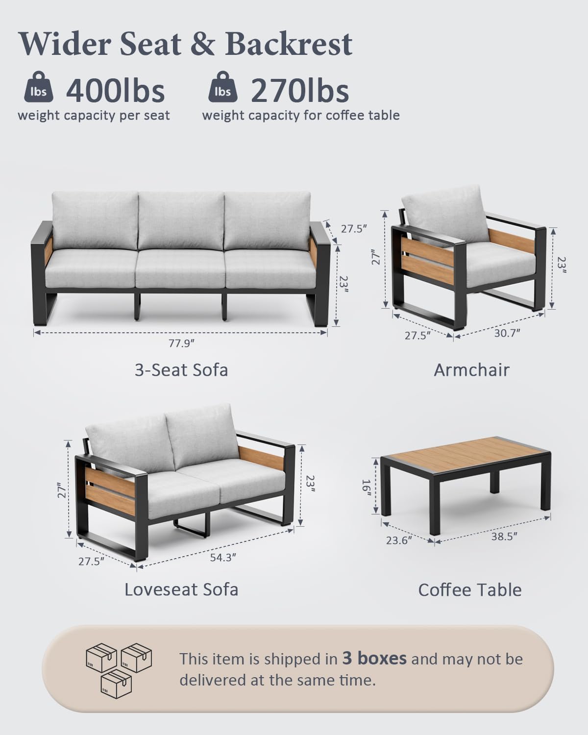 ZANDOR Aluminum Outdoor Patio Furniture - 2 Pcs Armchair, All-Weather Metal Modern Outside Furniture with Washable Thick Cushion for Garden/Backyard/Porch, Grey