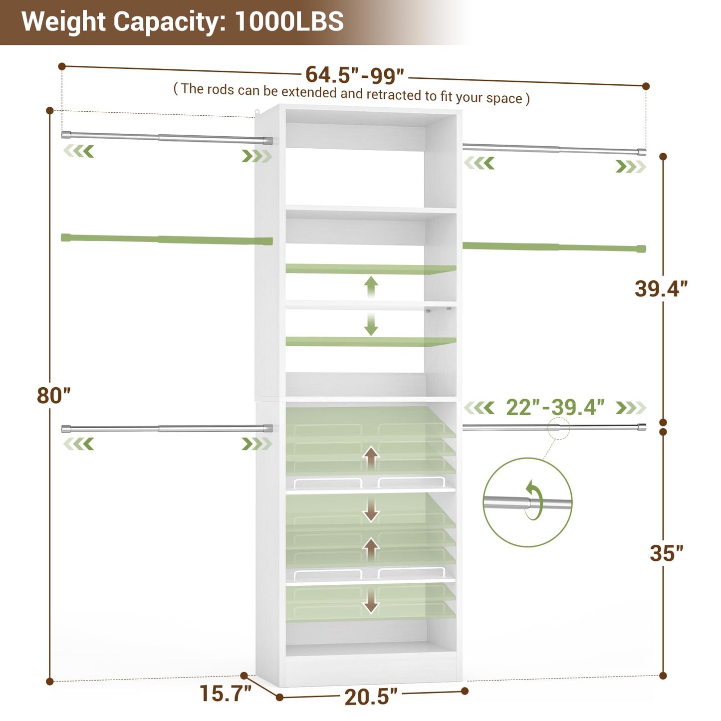Unikito Closet System, 4-8Ft Wood Closet Organizer Starter Kit with Tower and 4 Extendable Hanging Rods, Walk-in Closet Organizer Wardrobe Clothes Rack with Adjustable Shelves, Garment Rack, White