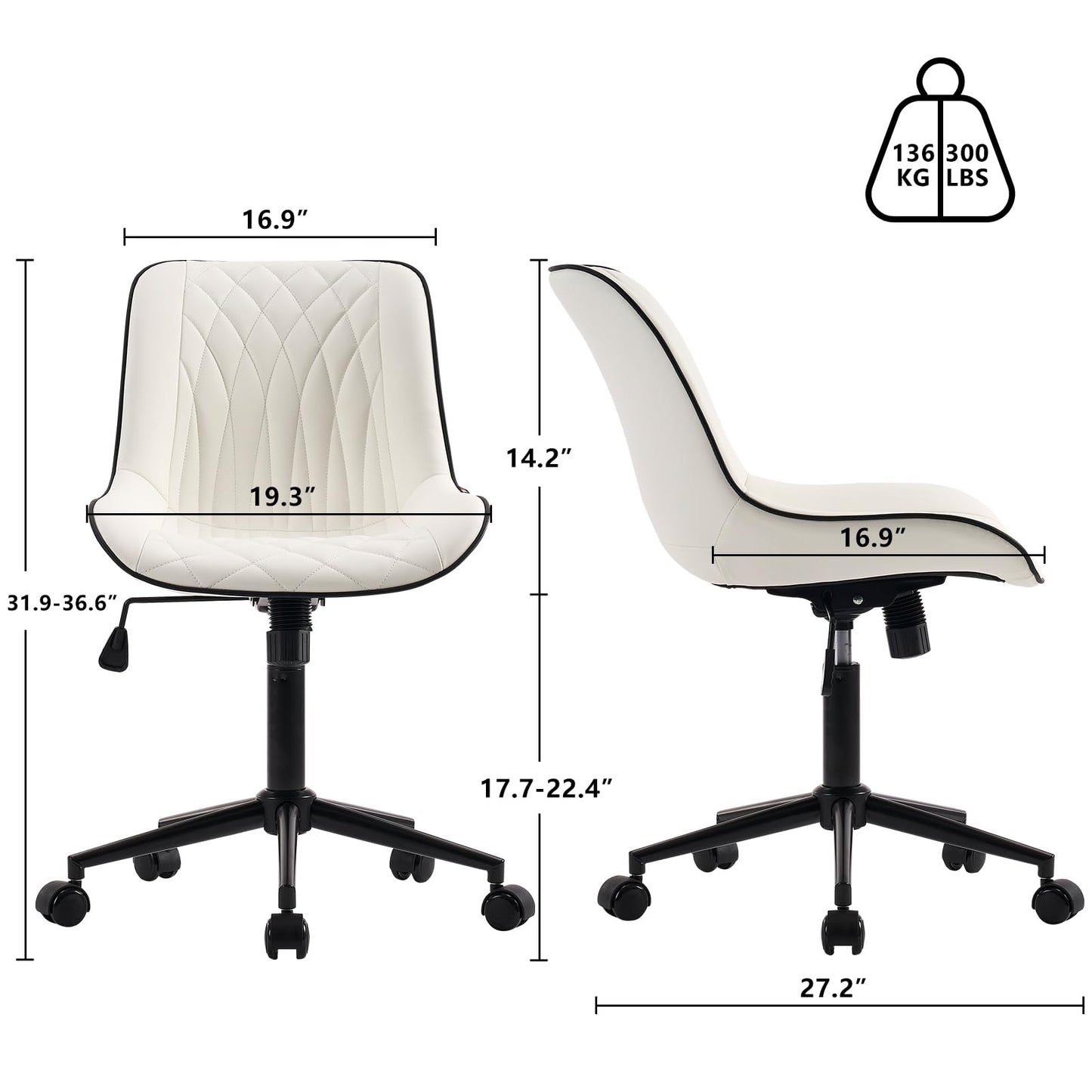 YOUNIKE White Ergonomic Home Office Desk Chair No Arms Comfy Small Criss Cross Chair with Wheels Swivel Adjustable Modern Vanity Chair with Back Armless Cute Leather Upholstered Rolling Task Chair