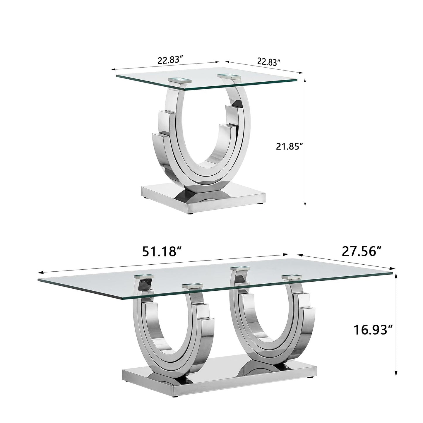 2 Pieces Glass Coffee Table Set,55" Rectangle Coffee Table with 1 Square End Side Table, Modern Silver Living Room Coffee Table Set w/Geometric Stainless Steel Base for Living Room,Apartment