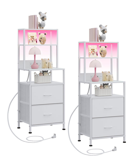 WLIVE Nightstand Set of 2 with Charging Station, LED Night Stands with 2 Fabric Drawers and 4 Storage Open Shelves, Bedside Table Sets for Bedroom, White