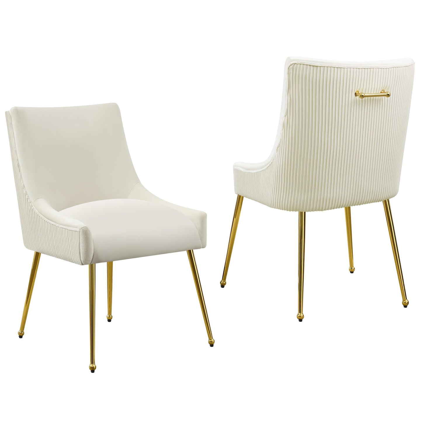 WUTUTUEE Velvet Dining Chairs Set of 2 Gold Legs,Upholstered Velvet Accent Chairs, Pleated Back Design & Gold Pull Handle, Mid Century Modern Chairs for Dining/Kitchen/Living Room,Beige