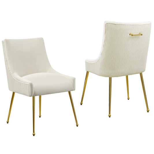 WUTUTUEE Velvet Dining Chairs Set of 2 Gold Legs,Upholstered Velvet Accent Chairs, Pleated Back Design & Gold Pull Handle, Mid Century Modern Chairs for Dining/Kitchen/Living Room,Beige