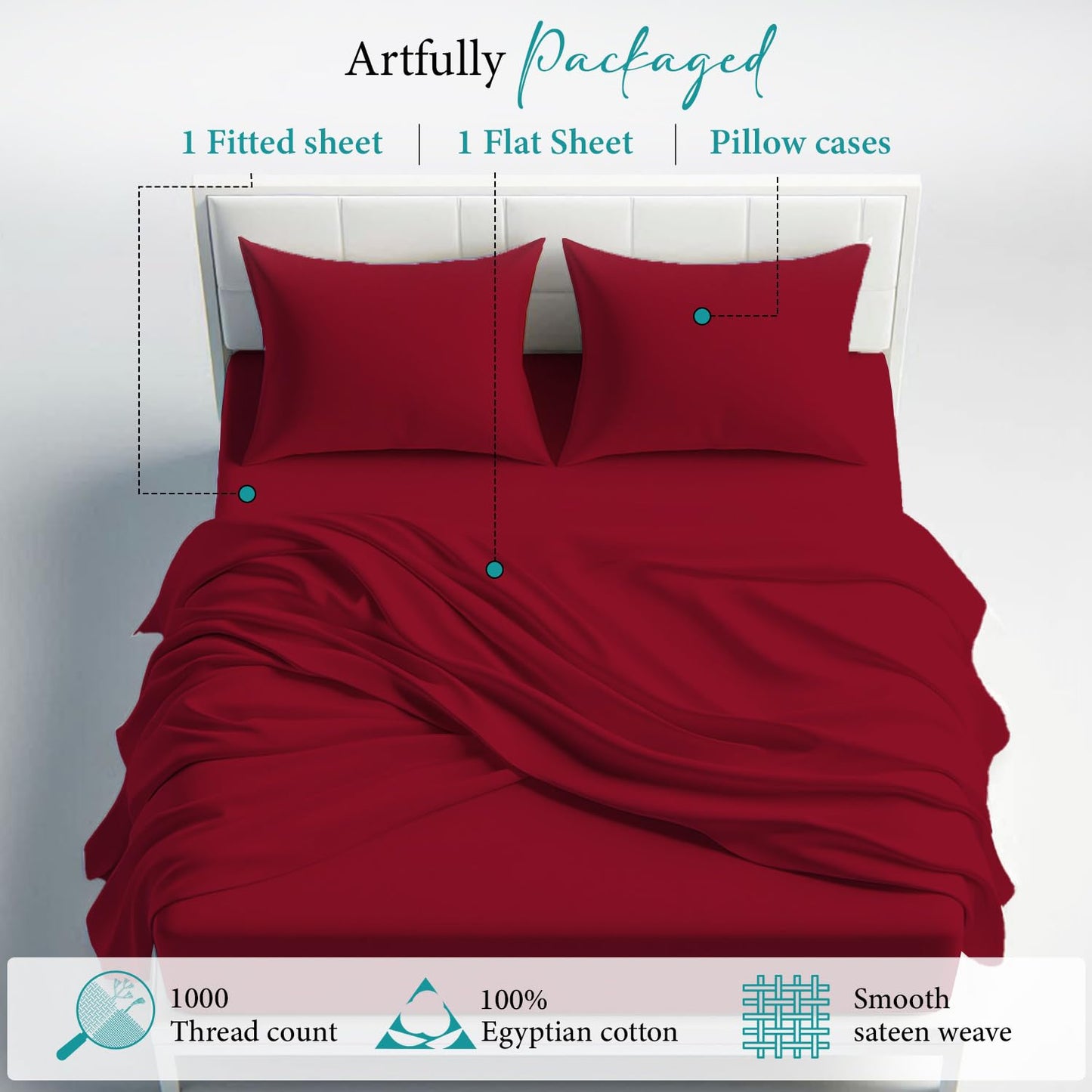 100% Egyptian Cotton Sheets Queen Size High Thread Count 4 Piece Luxury Queen Bed Sheet Set Breathable Cooling Sheets Deep Pockets Fit up to 17" Mattress Soft Sateen Weave Bedding Sheet Burgundy