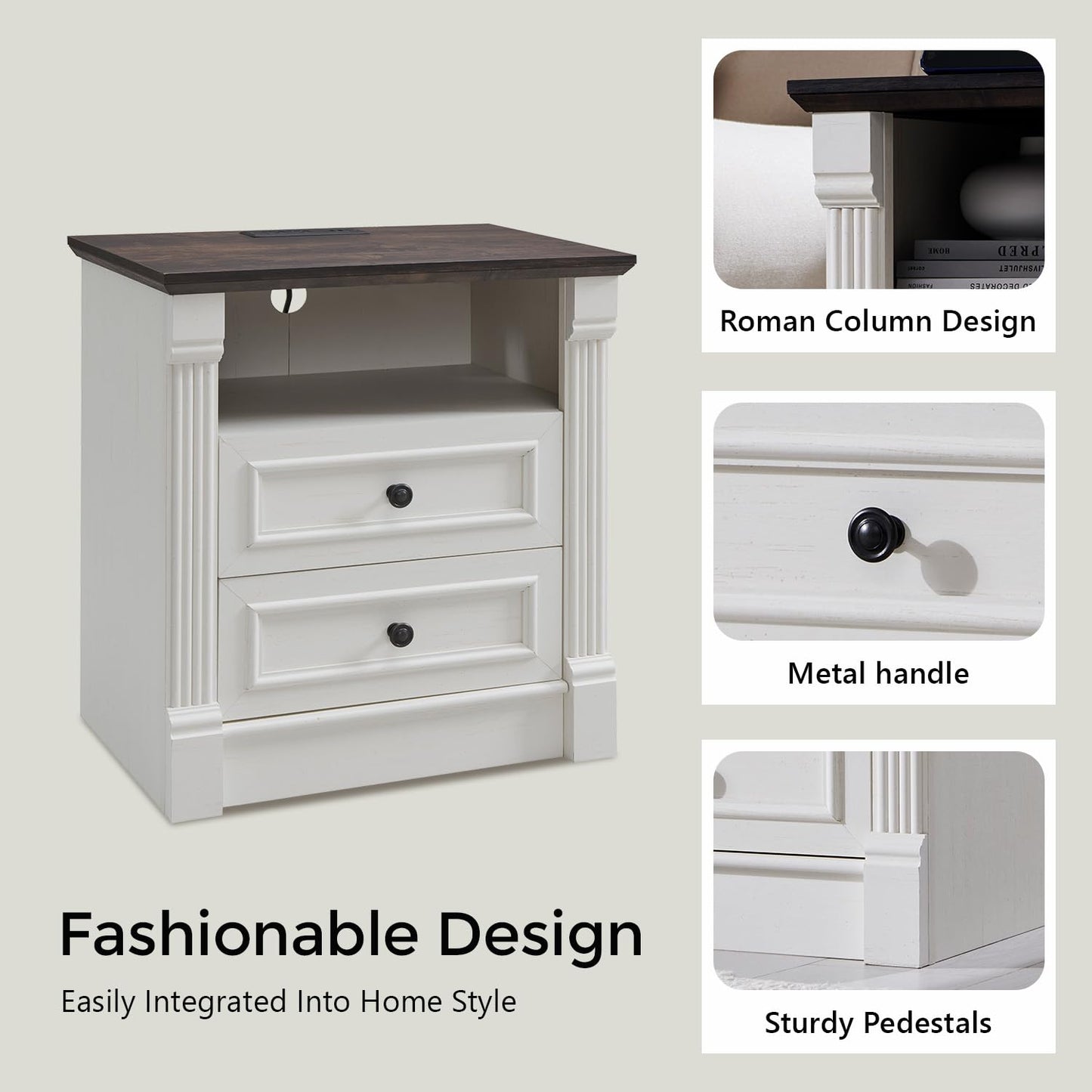 26" Tall Farmhouse Nightstand Set of 2, 2 Drawers End Table w/Charging Station, 23.6" Wide Large Side Table w/Roman Column, Wood Rustic Sofa Table w/Open Shlef, Bedside Table for Bedroom, White