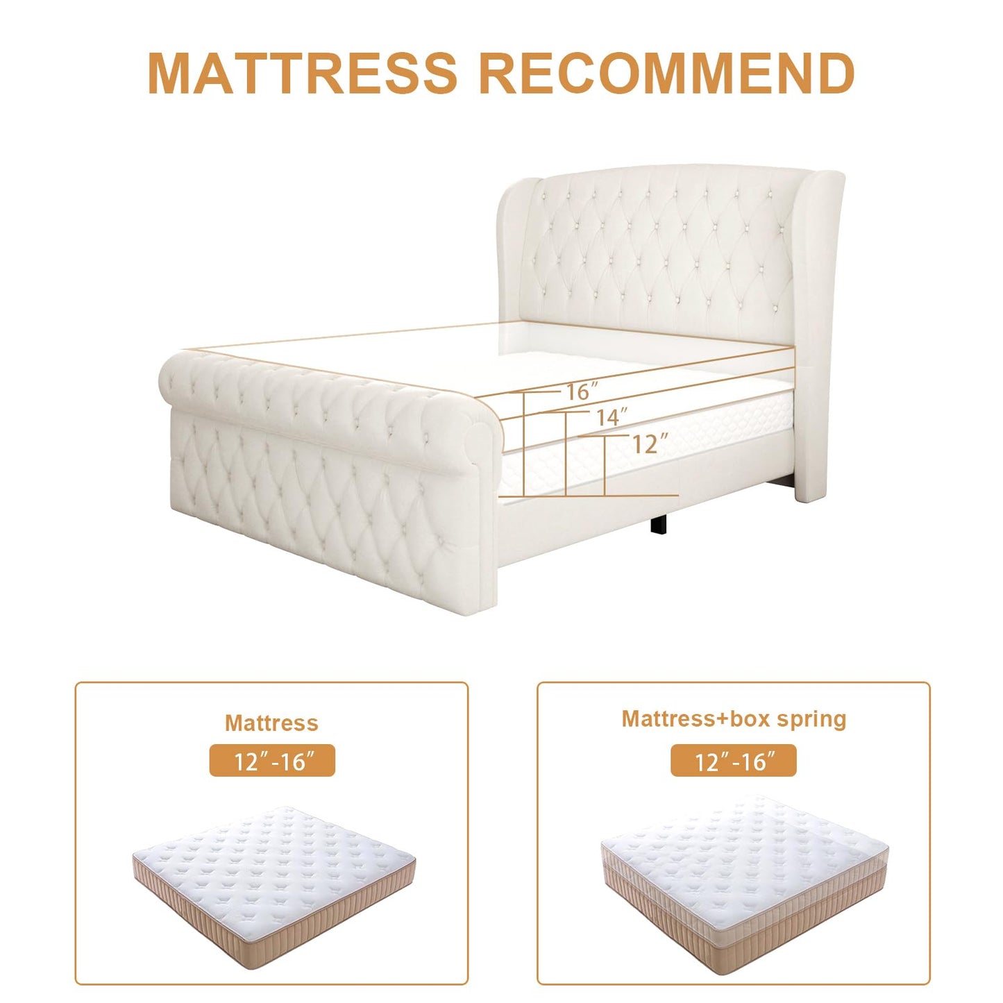 viplov Queen Size Platform Bed Frame, Chenille Upholstered Sleigh Bed with Scroll Wingback Headboard & Footboard, 52" Tall Headboard, Button Tufted, No Box Spring Required, Wood Slats Support, Beige