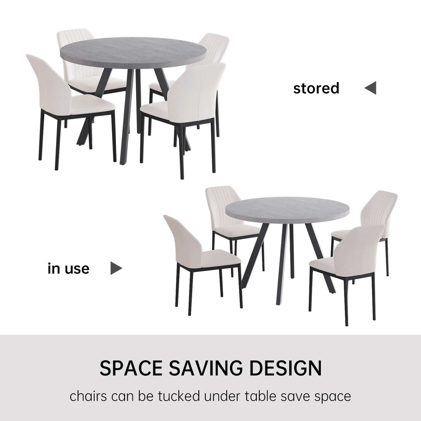 Zerifevni 34.6'' Round Dining Table and Chairs for 4, Mid Century Modern Round Table Set, Space Saving for Apartment Kitchen Dining Room (Grey Table+4 White Chairs)