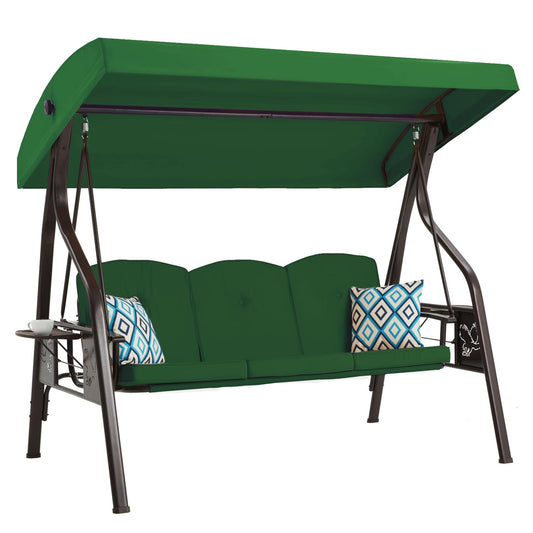ZZW 3-Seat Outdoor Porch Swing with Stand Patio Swing with Canopy 2 in 1 Porch Swing Bed & Patio Swing Chair for Adult w/Extra Pillows and Cup Holder for Yard(Green)