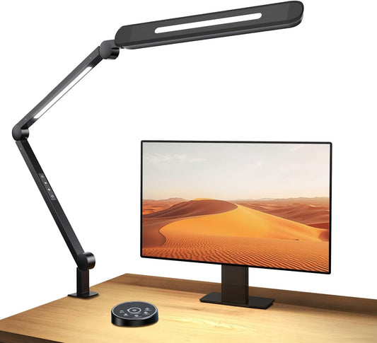 24W Ultra Bright LED Desk Lamp with Remote Control, Three Light Sources, Ajustable Atmosphere Lighting, Flexible Swing Arm, 4 Color Modes & 4 Brightness, Architect Desk Lamp with Clamp for Home Office