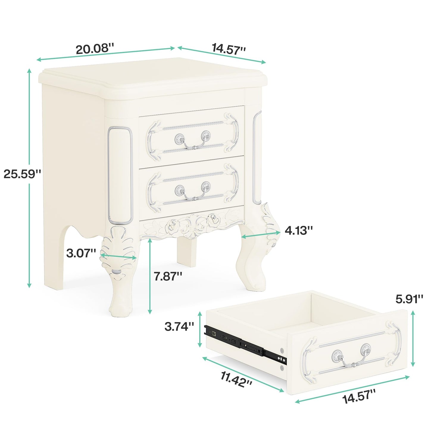 Tribesigns White Nightstand, End Table with 2 Drawers, Carved Bedside Tables, Side Table for Bedroom, Classic Bedroom Furniture, Night Stand White