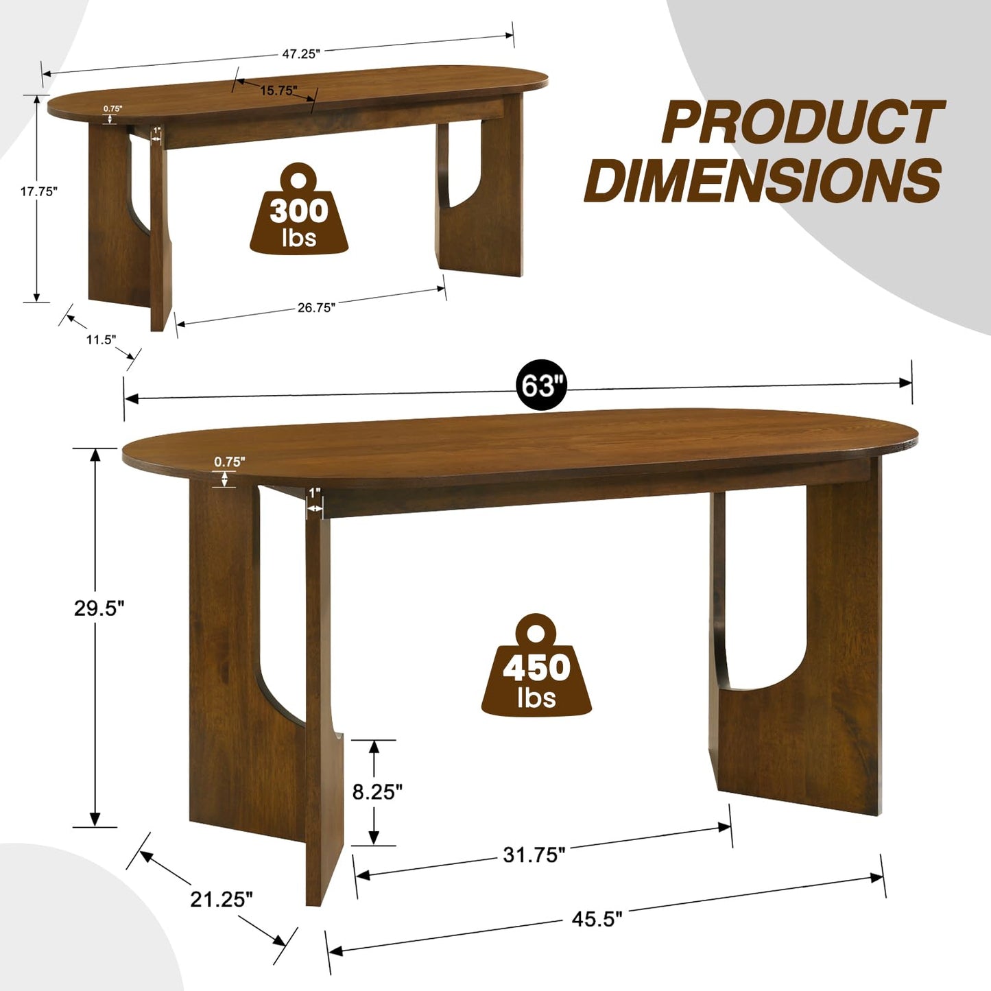 VESCASA Oval 63" L Dining Table with 47.25" L Bench, Walnut Wood Kitchen Table Set for Dining Room, Restaurant, 1 Table with 1 Bench