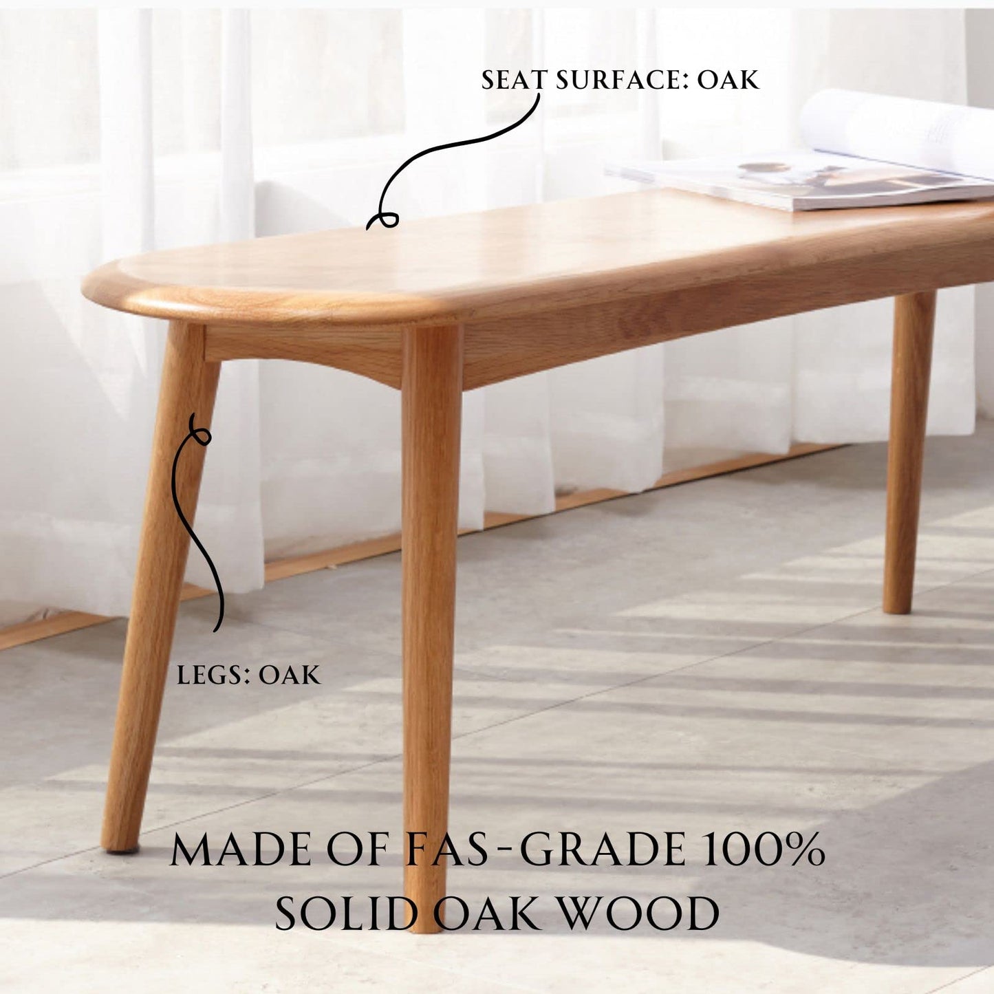 Wayshome 100% Solid Oak Dining Bench, Wood Bench for Bedroom End of Bed with Rounded Corners, Entryway Benches for Dining Room, Kitchen, Living Room (Natural Oak, 39.4")