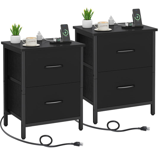 Vagusicc Nightstand Set of 2 with Charging Station, End Table Bedside Table with Power Outlet & USB Ports, Side Table with 2 Fabric Drawers for Bedroom, Living Room, Black
