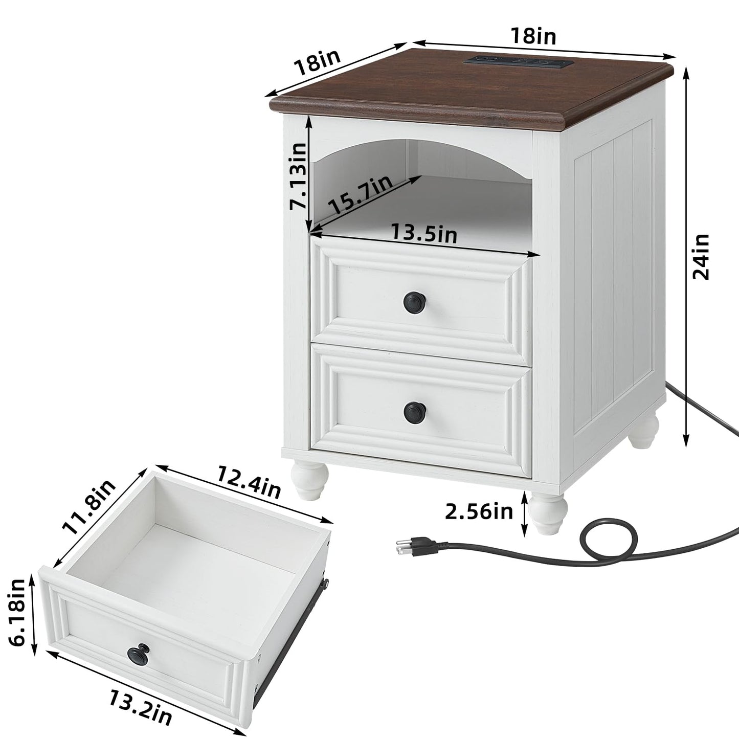 18" Farmhouse Night Stands Set of 2 with Charging Station, Wooden Nightstand with 2 Drawers, Bedside End Table with Storage, Bed Side Tables Cabinet for Bedroom, Living Room, and Closet(White)