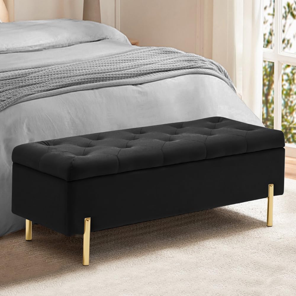 TUOMUR 45.6 Inch Velvet Storage Ottoman, Rectangular Accent Bench for Bedroom & Living Room, Black