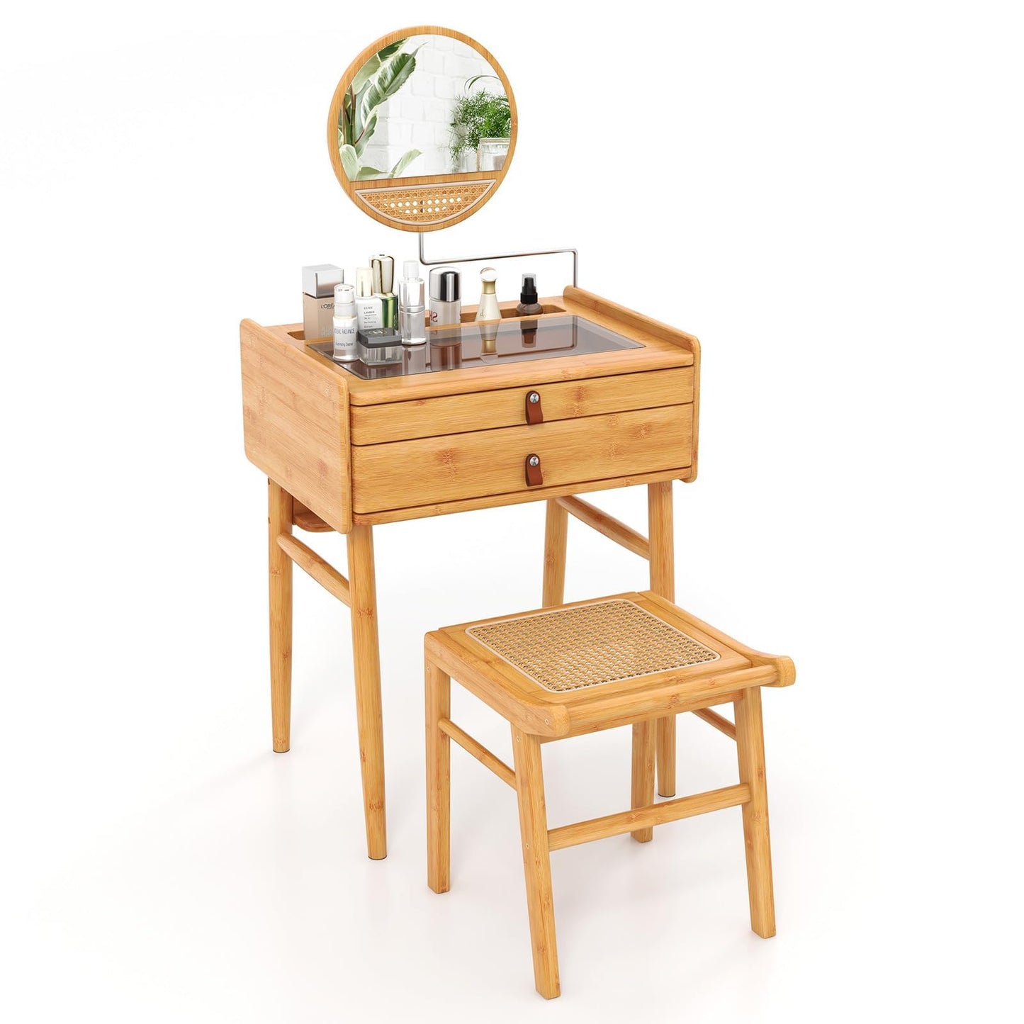 Generic Byroce Boho Vanity Desk, Makeup Vanity Table Set w/Mirror, Modern Vintage Dressing Table w/ 2 Drawers & Jewellery Display Tabletop, Rattan & Bamboo Style (Table & Stool Set), Natural