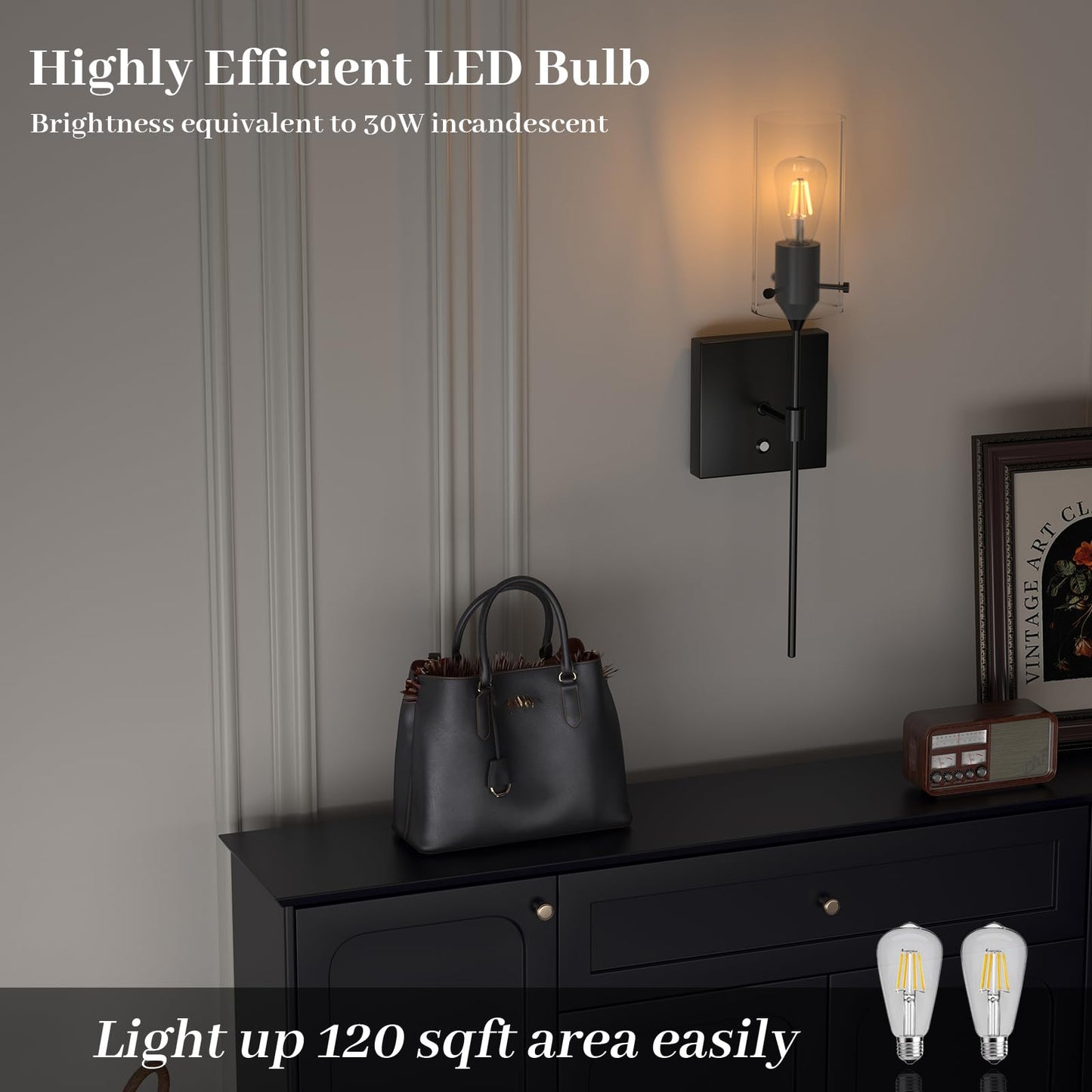 ThyFenno Dimmable Battery Operated Wall Sconce Set of 2, Rechargeable Wall Mount Light No Wiring, Easy Install Wireless Wall Lamp for Living Room Bedroom Hallway Farmhouse Indoor, Bulb Included