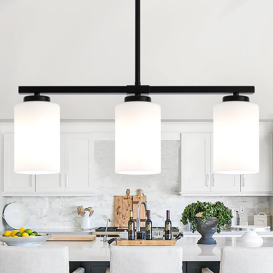 21.25'' Kitchen Island Light Fixtures, 3-Light Modern Dining Room Light Fixture, Black Pendant Lights with Milk Glass Shade, Linear Chandelier over Dining Table Lighting with Adjustable Rod, UL Listed