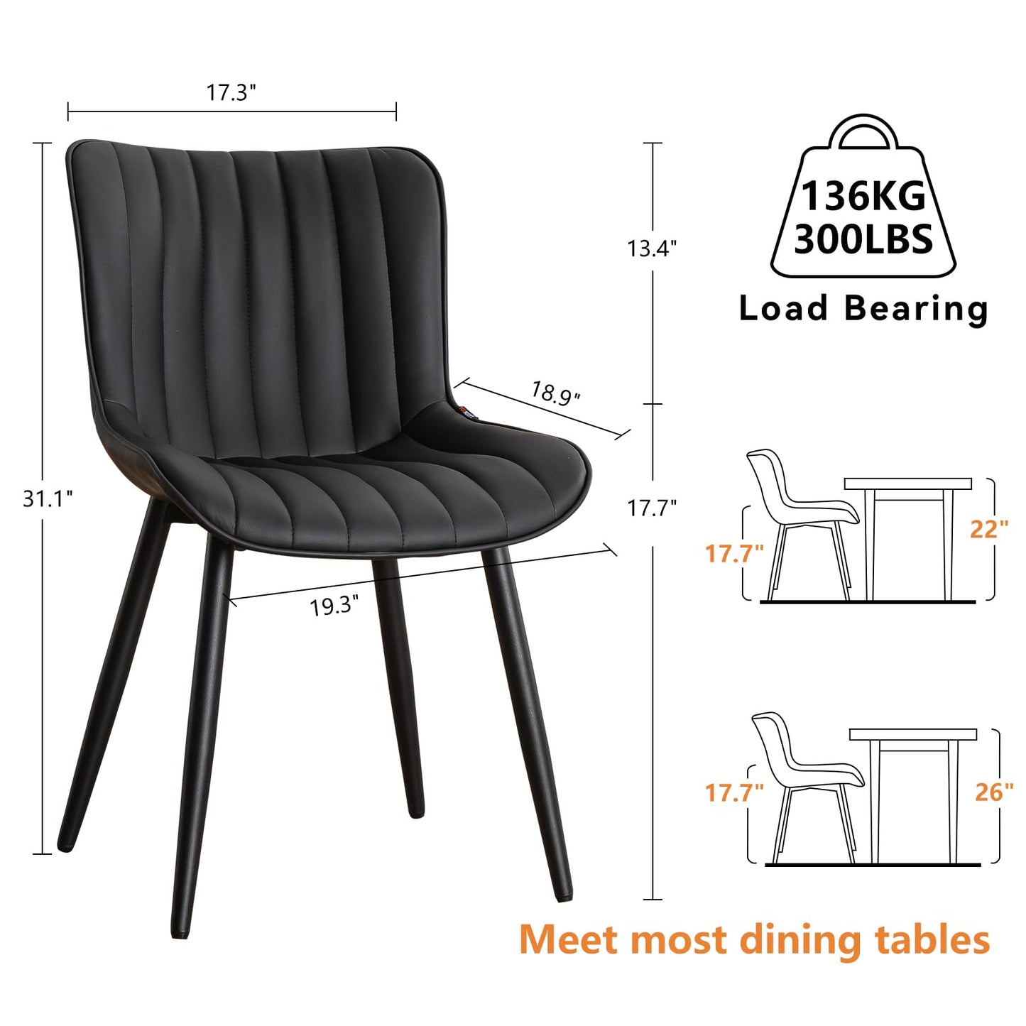 YOUNUOKE Black Dining Chairs Set of 2, Faux Leather Upholstered Kitchen & Dining Room Chairs with Back, Mid Century Modern Minimalist Accent Chair Armless for Guest Reception Waiting Living Room
