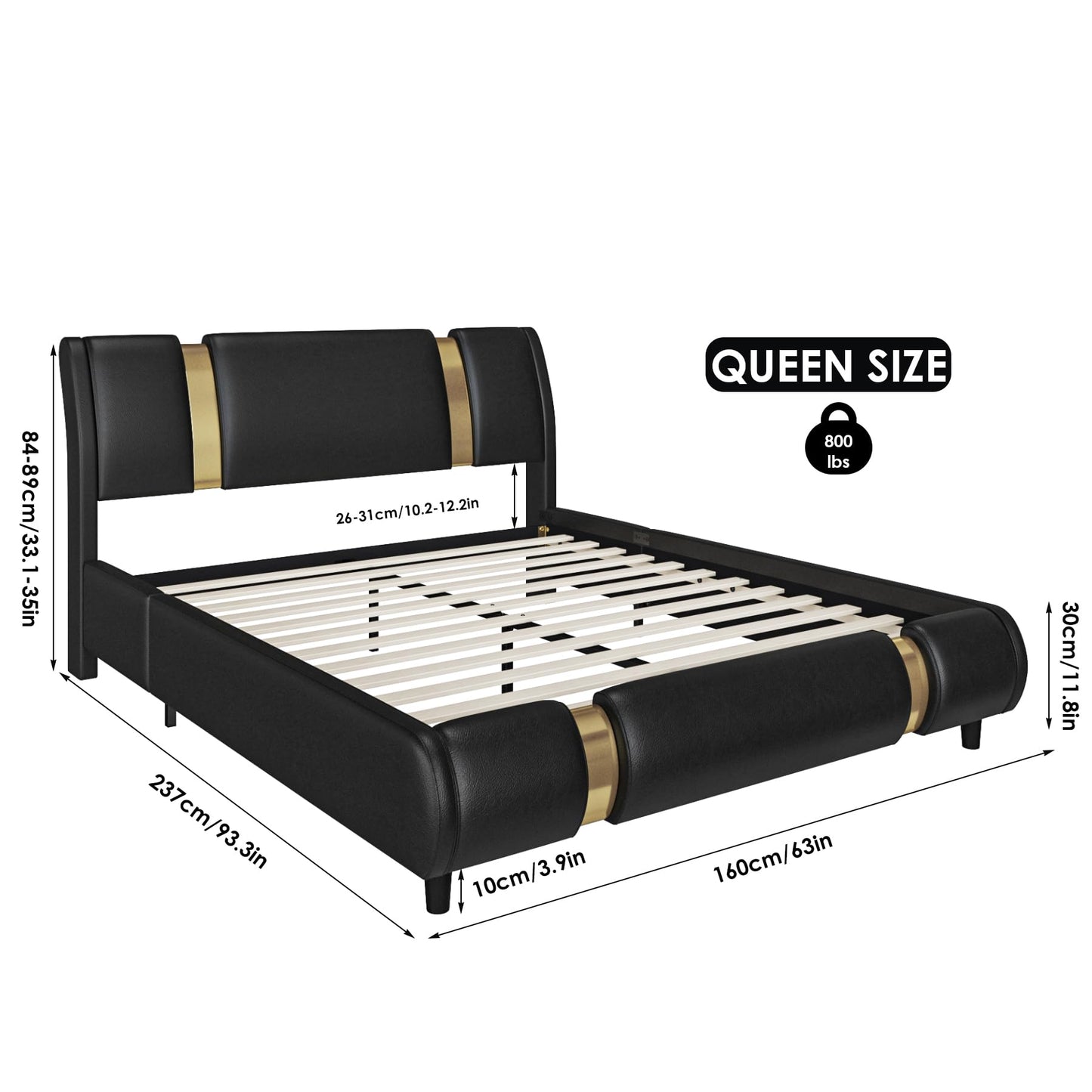 TTVIEW Modern Faux Leather Upholstered Platform Bed Frame with Golden Iron Metal Decor, Adjustable Curved Headboard, Wooden Slats Support, No Box Spring Needed, Queen Size, Black