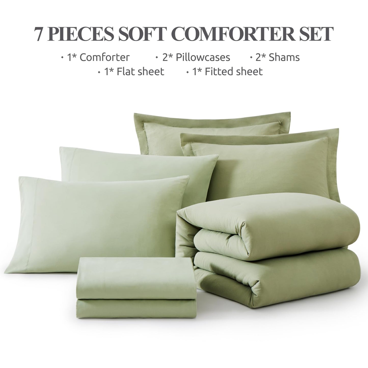 WRENSONGE Queen Comforter Set - 7 Pieces Sage Green Soft Bed in a Bag Queen with Fitted Sheet, Flat Sheet, 2 Pillow Shams, and 2 Pillowcases- Warm Bedding Sets Queen for All Season